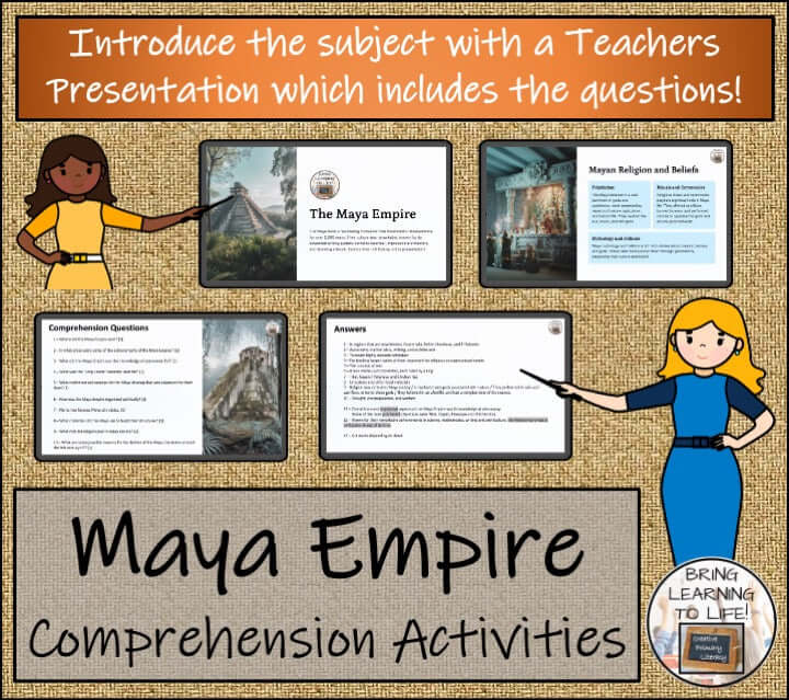 Maya Empire reading activities and presentation for 3rd-4th grade students with engaging materials.
