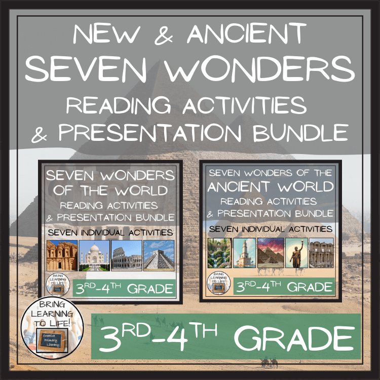 Graphic for New and Ancient SEVEN WONDERS reading activities bundle for 3rd and 4th grade students.