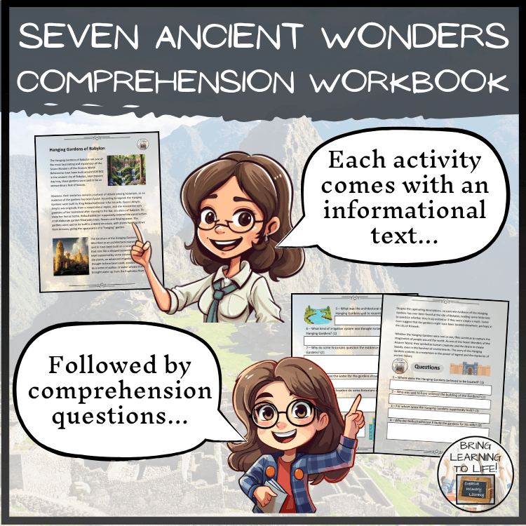 Seven Wonders of Ancient World Reading Comprehension Workbook | 5th-6th Grade activities with informational texts and questions.