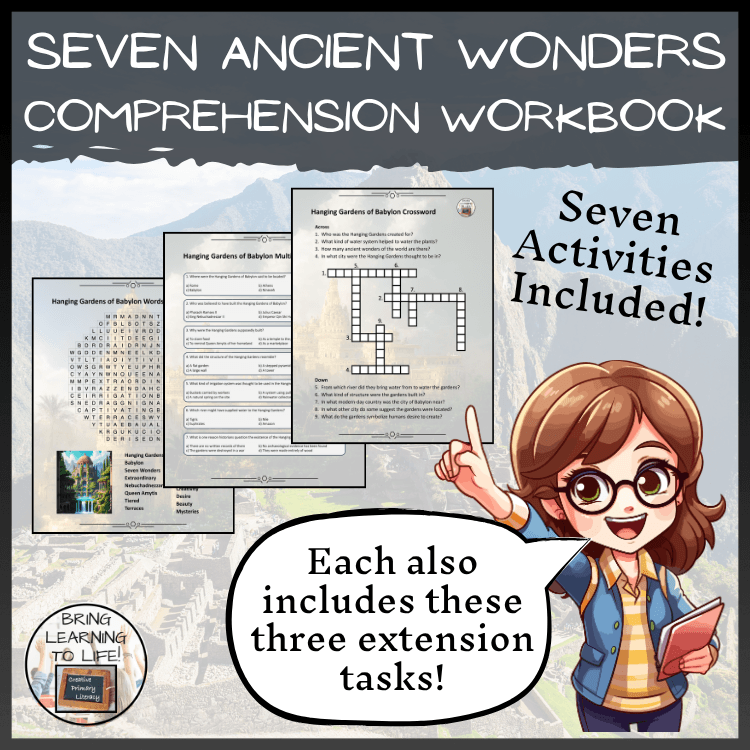 Seven Wonders of Ancient World Reading Comprehension Workbook | 5th-6th Grade with activities and extension tasks.