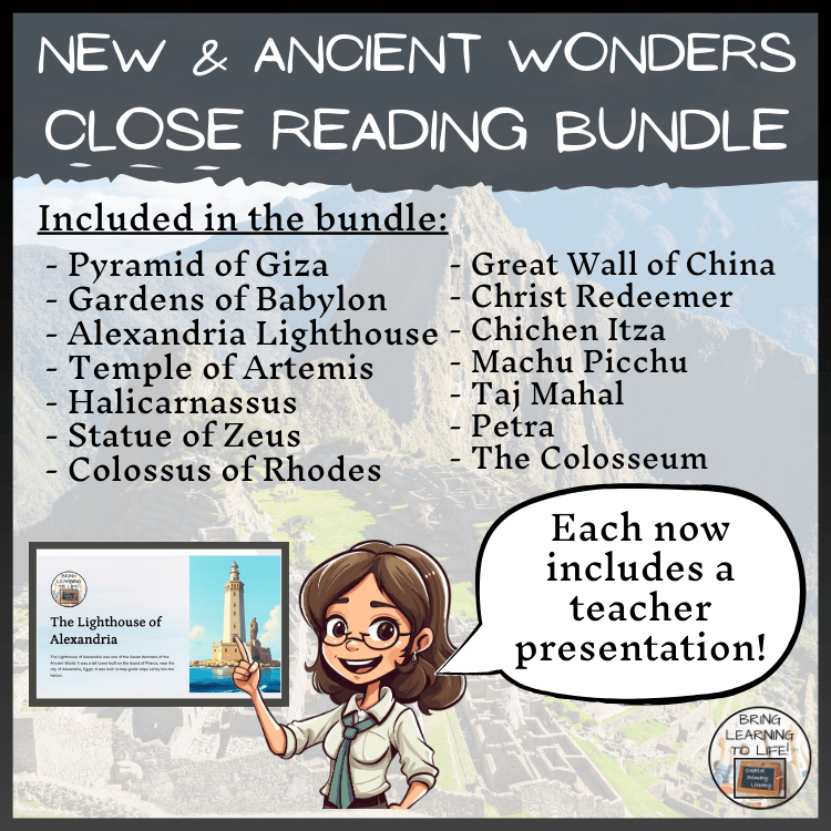 Graphic for New and Ancient SEVEN WONDERS reading activities bundle for 3rd and 4th grade students.