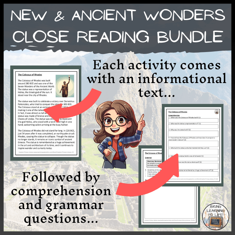 Graphic for New and Ancient SEVEN WONDERS reading activities bundle for 3rd and 4th grade students.