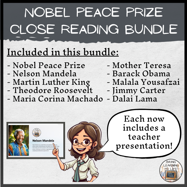 Nobel Peace Prize & Winners Close Reading Comprehension Bundle | 5th & 6th Grade