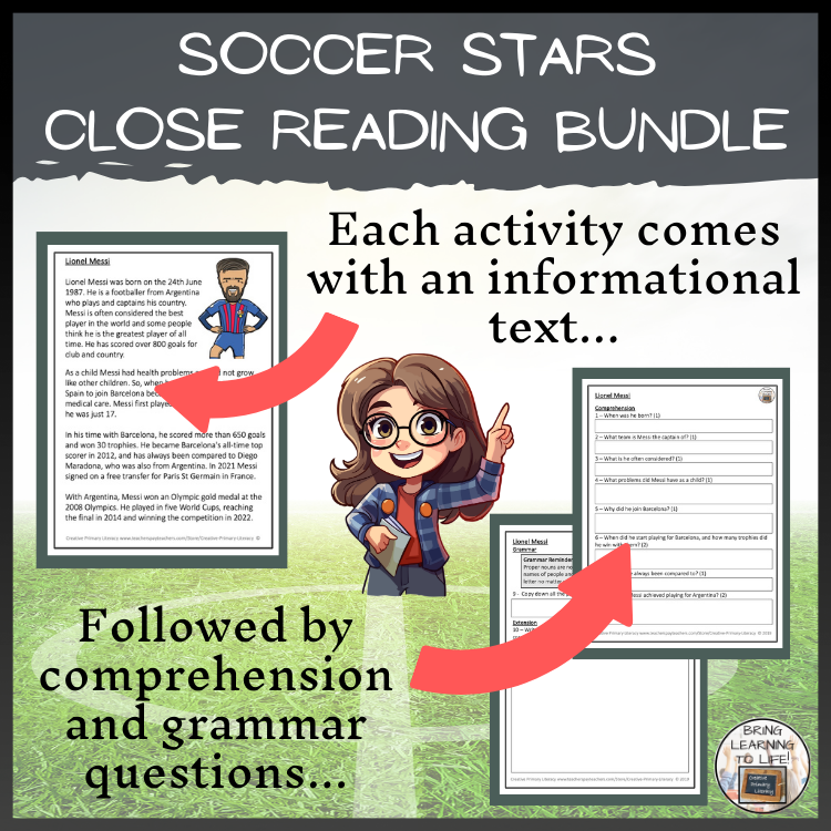 Soccer Stars Close Reading Comprehension Activity Bundle | 3rd Grade & 4th Grade
