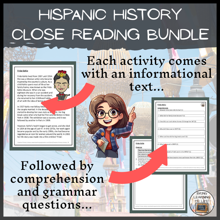 Hispanic Heritage Close Reading Comprehension Activity Bundle | 3rd & 4th Grade