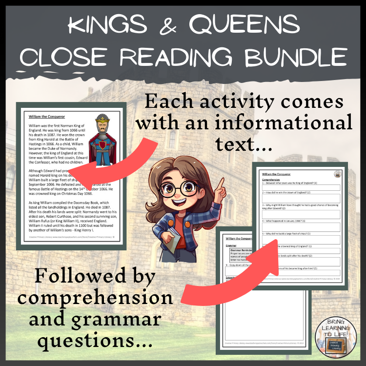 British Kings & Queens Close Reading Comprehension Bundle | 3rd & 4th Grade