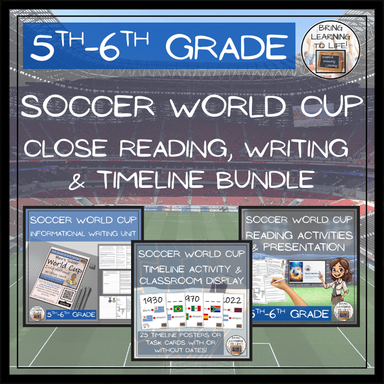 Soccer World Cup Close Reading, Writing & Timeline Bundle | 5th–6th Grade resources for Social Studies and ELA.