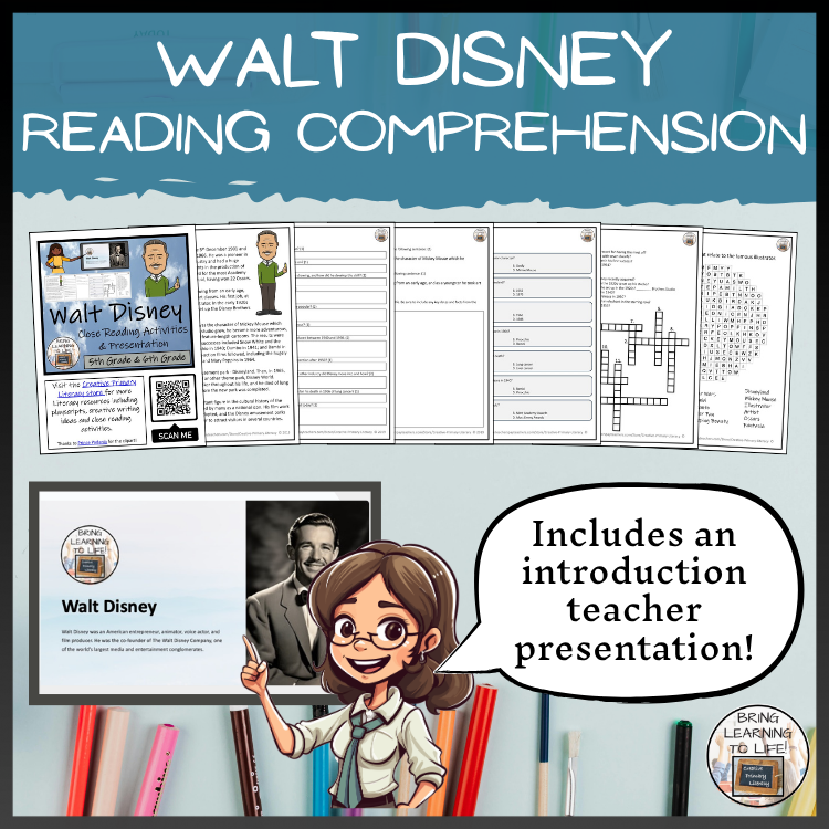 Walt Disney Close Reading Comprehension Activities | 3rd Grade & 4th Grade