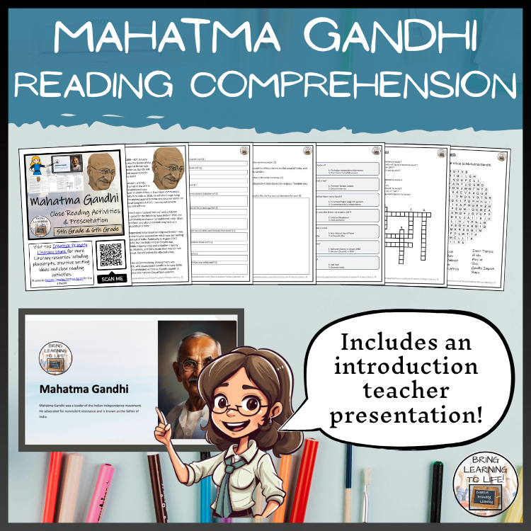 Mahatma Gandhi Close Reading Comprehension Activities | 5th Grade & 6th Grade