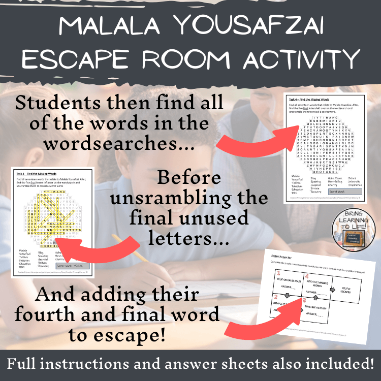 Malala Yousafzai Escape Room | Social Studies & History Activity featuring wordsearches and problem-solving tasks.