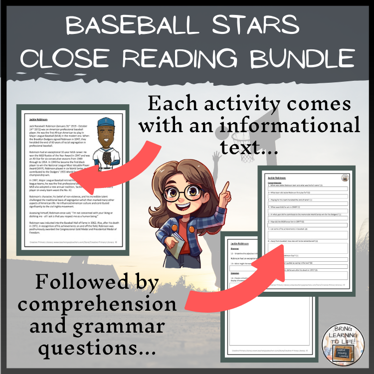 Great Baseball Players Close Reading Comprehension Bundle | 5th Grade & 6th Grade