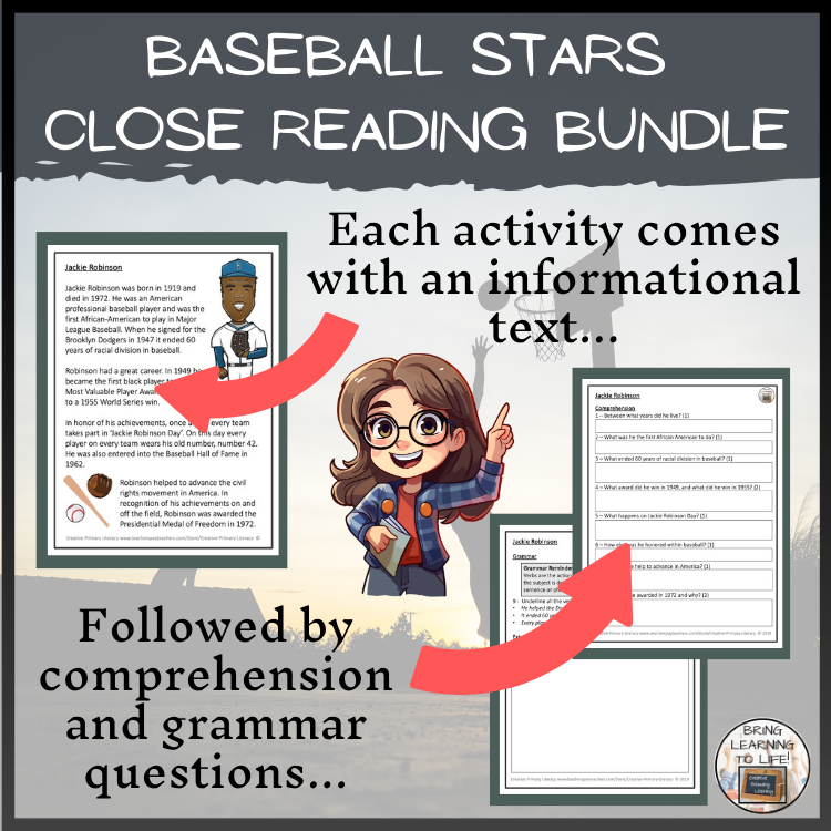 Baseball Players Close Reading Comprehension Bundle | 3rd Grade & 4th Grade