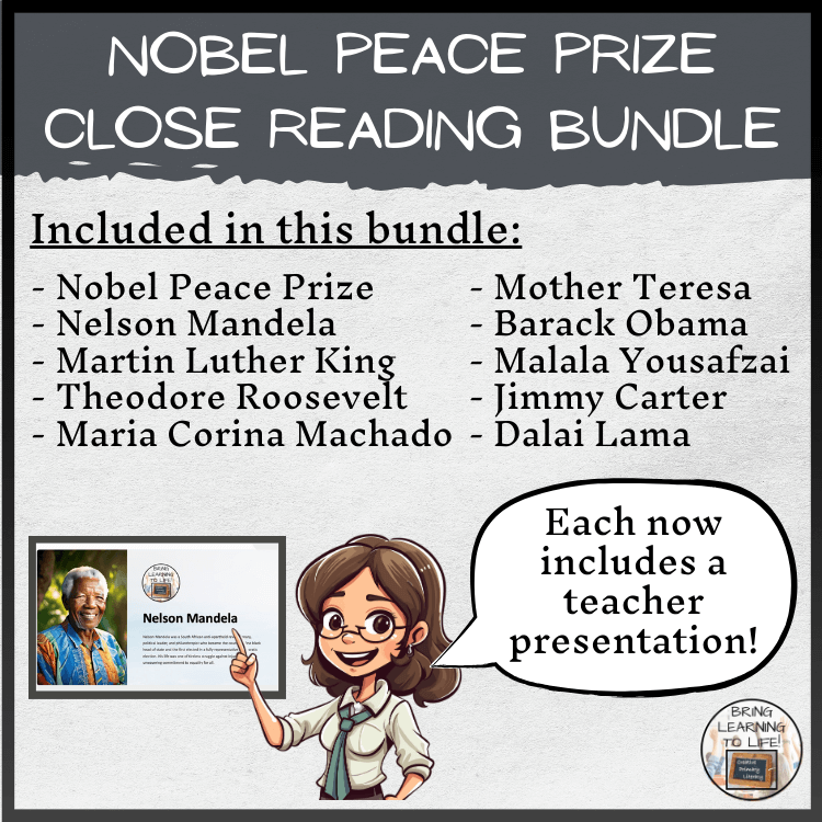 Nobel Peace Prize & Winners Close Reading Comprehension Bundle | 3rd & 4th Grade