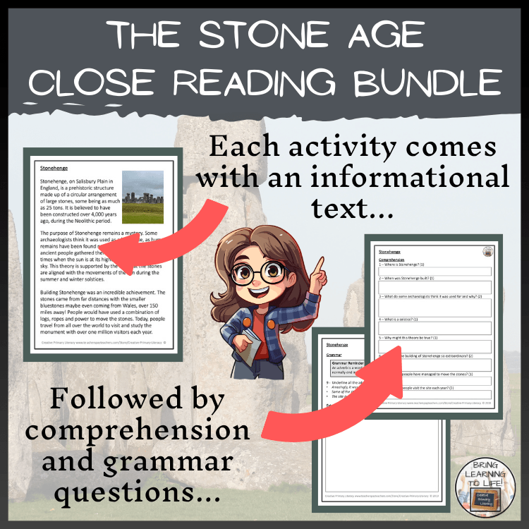 Stone Age Close Reading Comprehension Bundle | 3rd Grade & 4th Grade