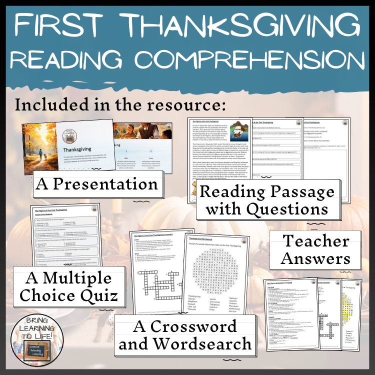 The Pilgrims & First Thanksgiving Close Reading Comprehension | 5th & 6th Grade