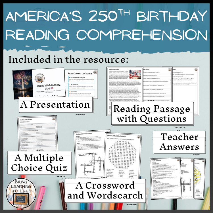 America's 250th Birthday Close Reading Comprehension Activities | 5th–6th Grade