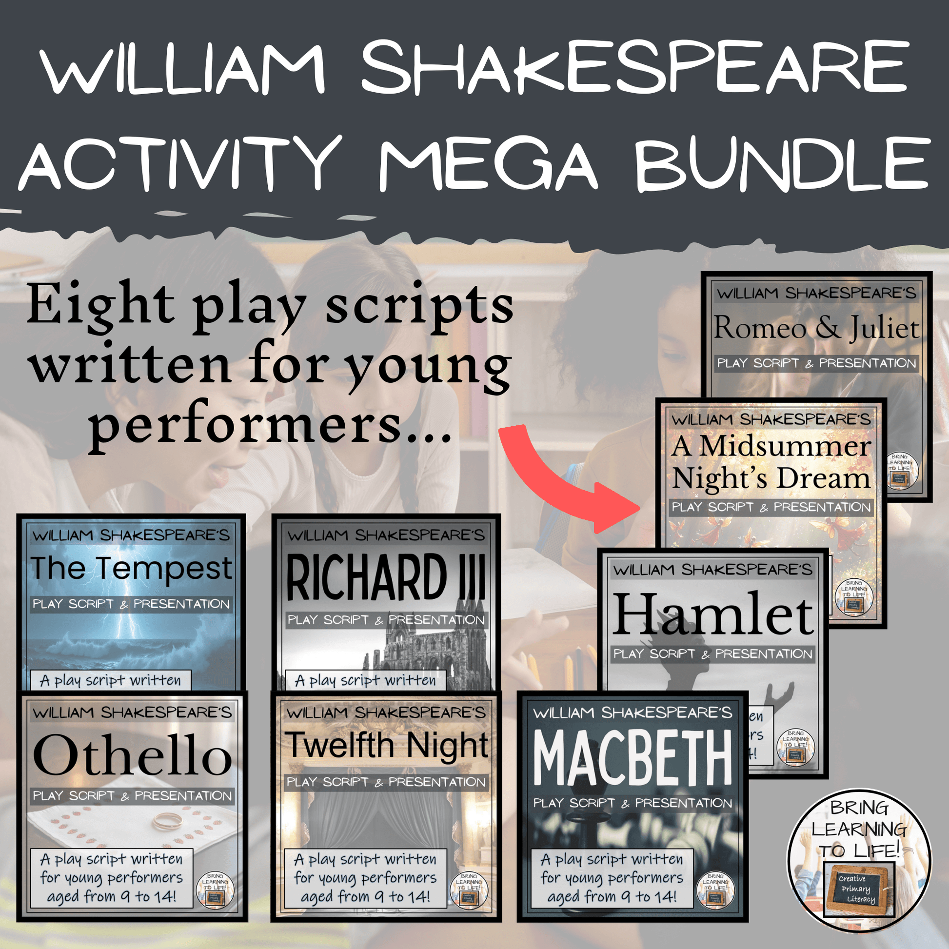 William Shakespeare Play Scripts & Activities Mega Bundle | 5th-6th Grade includes eight rewritten play scripts for students.