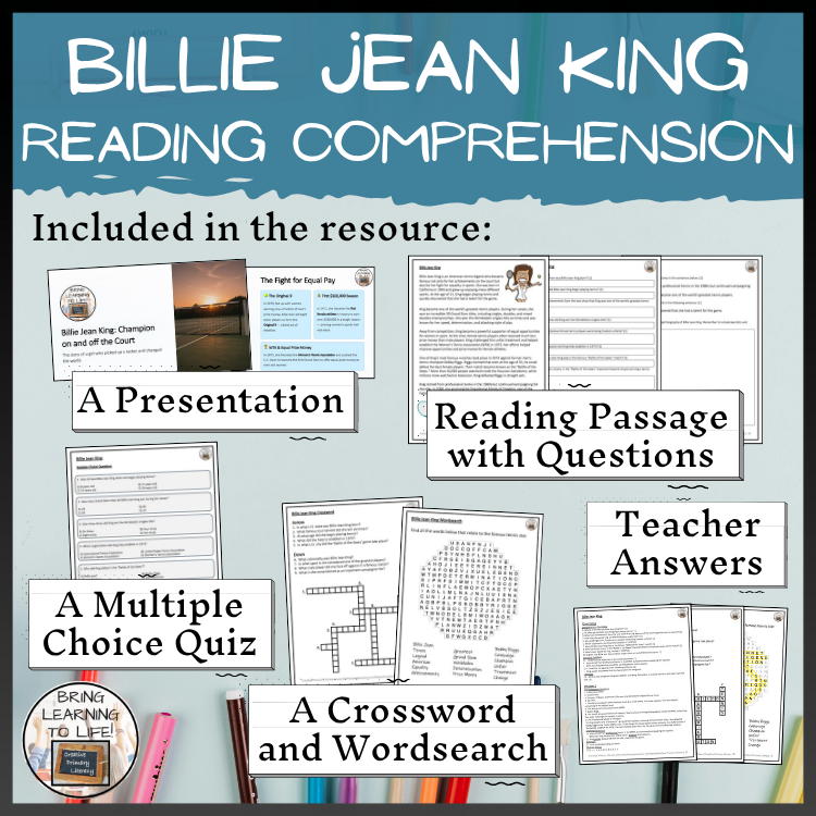 Billie Jean King Reading Comprehension Activities | 5th Grade & 6th Grade