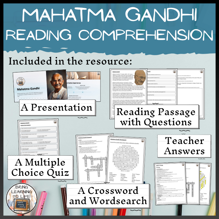 Mahatma Gandhi Close Reading Comprehension Activities | 5th Grade & 6th Grade
