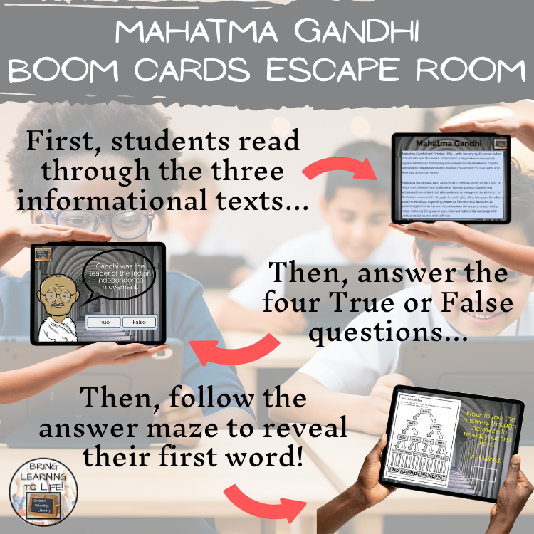Mahatma Gandhi BOOM Cards Escape Room | Digital ELA Reading Activity