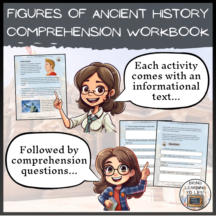 Famous Figures of Ancient History Reading Comprehension Workbook | 5th-6th Grade
