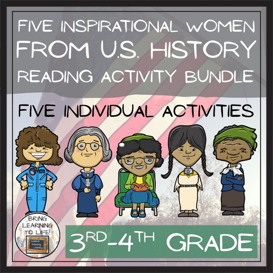 Inspirational U.S. Women Reading Activity Bundle for 3rd-4th grade featuring five historical women.