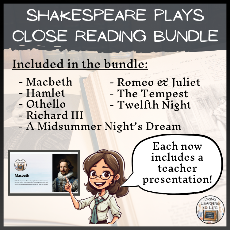 Shakespeare's Plays Close Reading Comprehension Bundle | 5th & 6th Grade