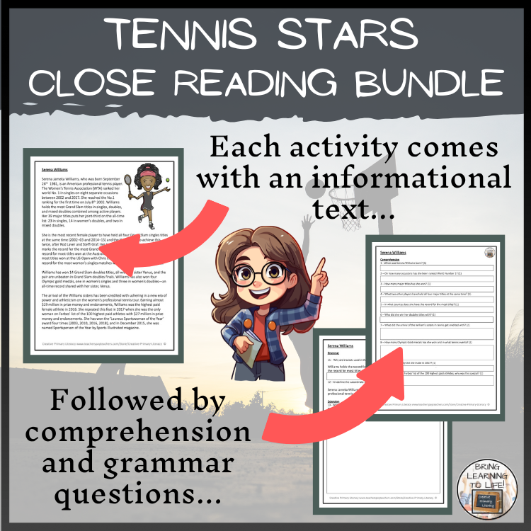 Tennis Players Close Reading Comprehension Activity Bundle | 5th & 6th Grade