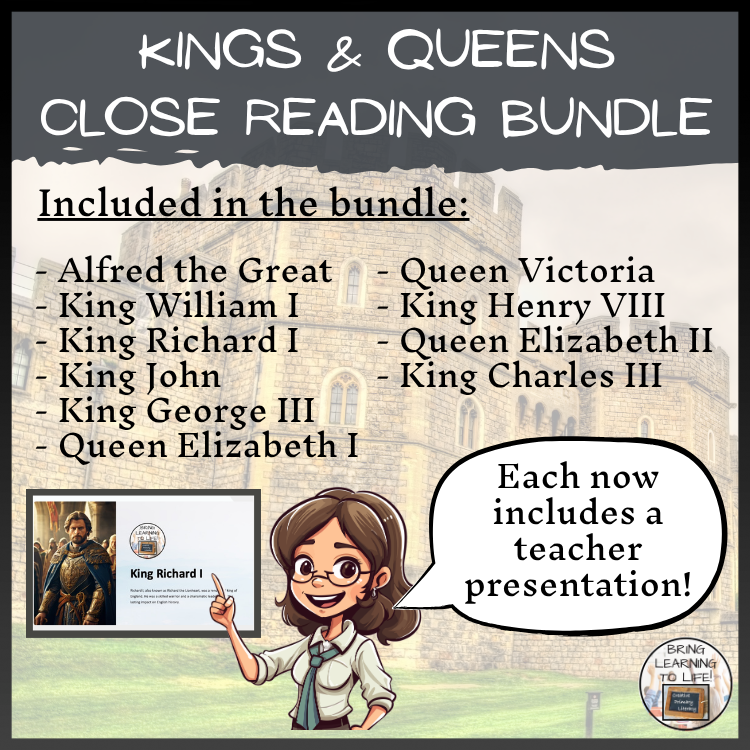 British Kings & Queens Close Reading Comprehension Bundle | 5th & 6th Grade