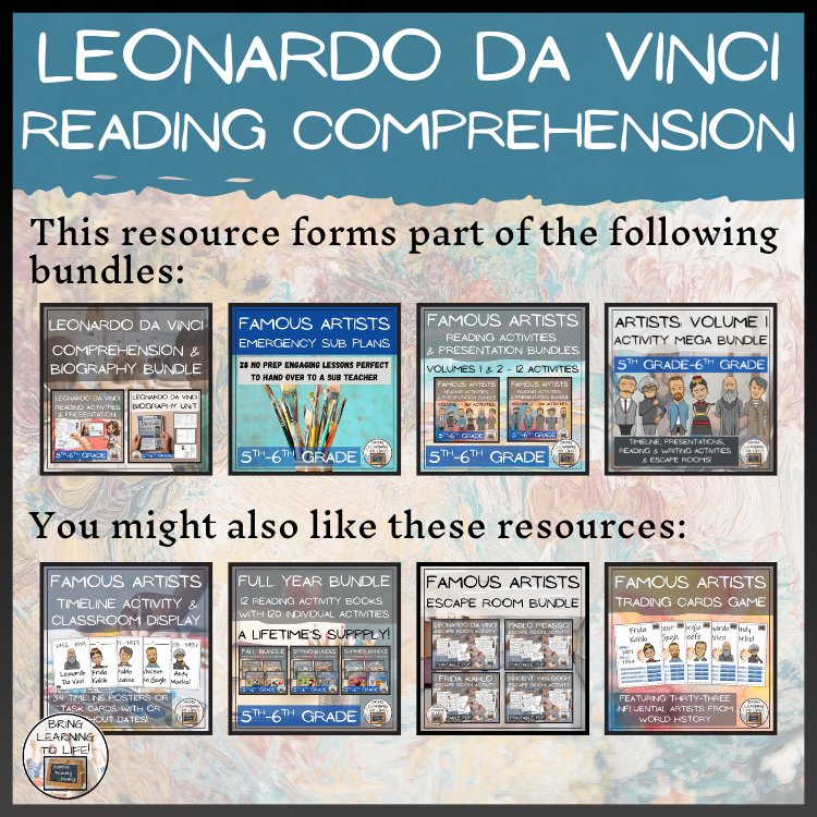 Leonardo da Vinci Close Reading Comprehension Activities | 5th Grade & 6th Grade