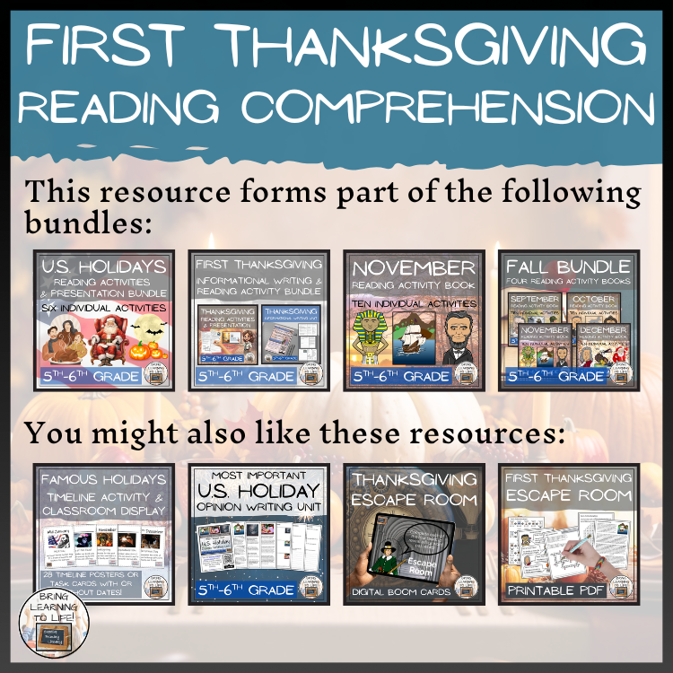 The Pilgrims & First Thanksgiving Close Reading Comprehension | 5th & 6th Grade