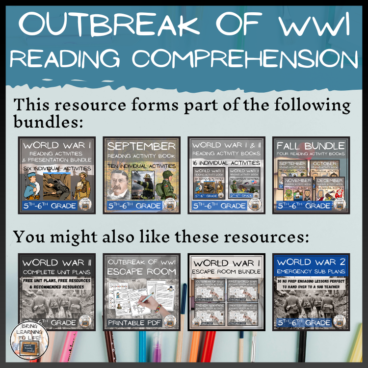 Outbreak of World War I Close Reading Comprehension Activities | 5th & 6th Grade