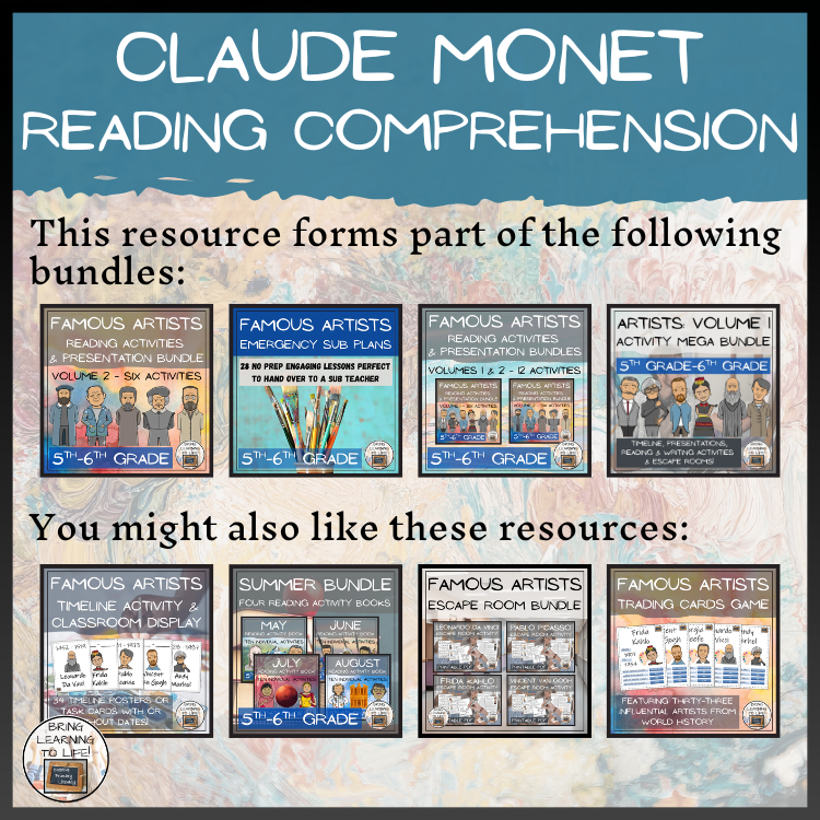 Claude Monet Close Reading Comprehension Activities | 5th Grade & 6th Grade
