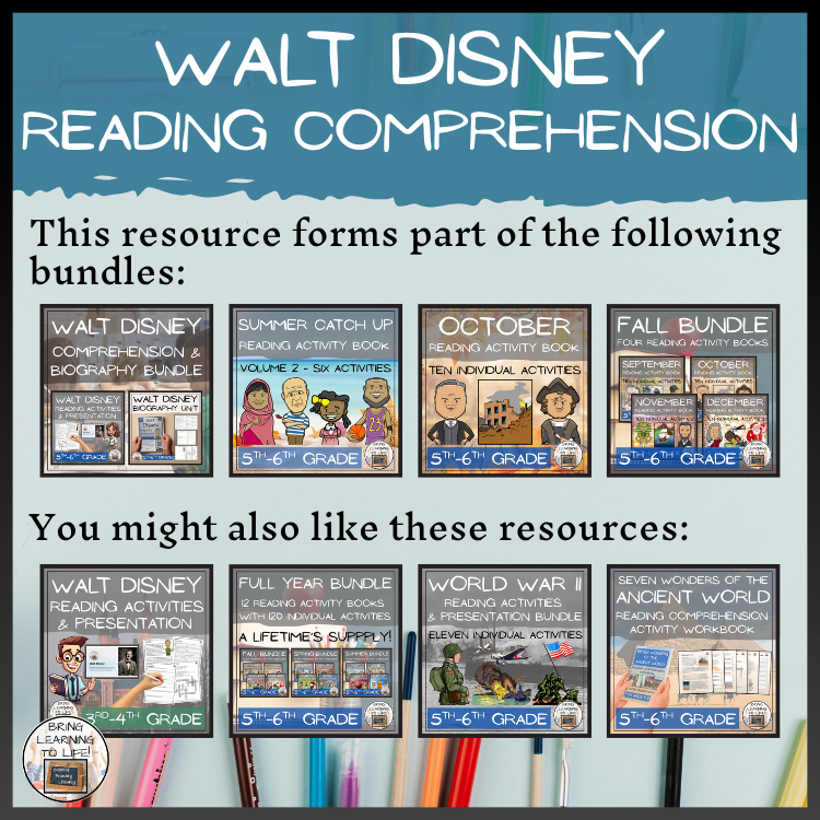 Walt Disney Close Reading Comprehension Activities | 3rd Grade & 4th Grade