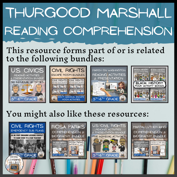 Thurgood Marshall Reading Comprehension Activities | 5th Grade & 6th Grade