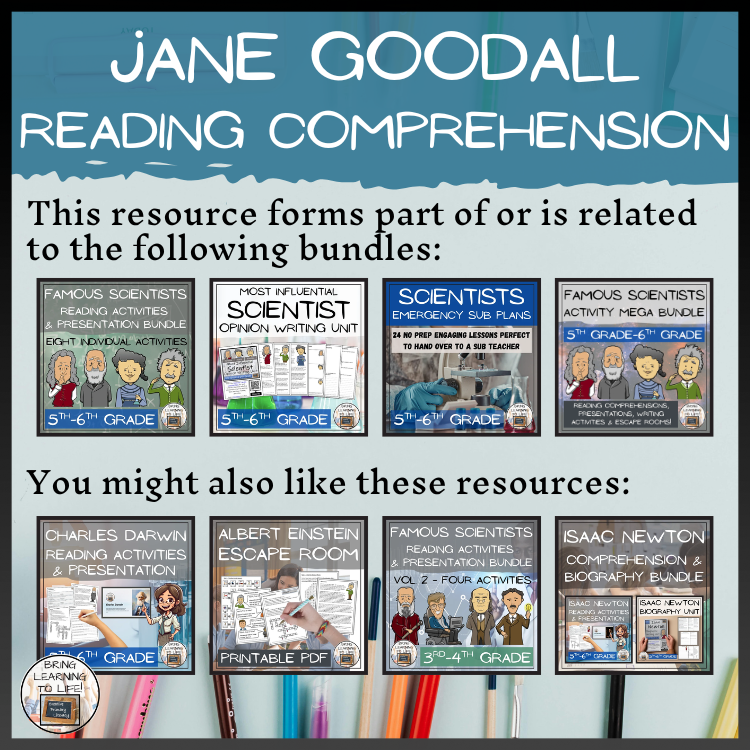 Jane Goodall Reading Comprehension Activities | 5th Grade & 6th Grade