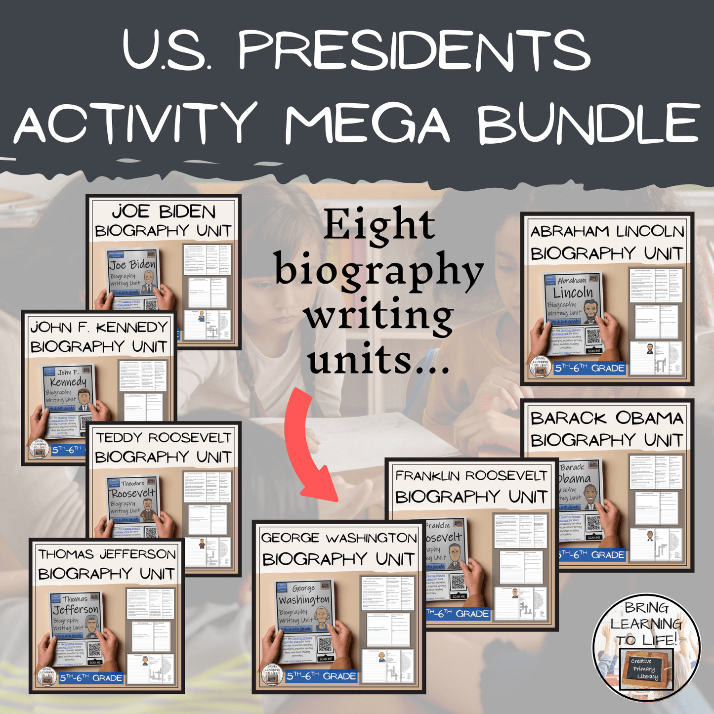 U.S. Presidents Social Studies Mega Bundle of Activities | 5th-6th Grade featuring eight biography writing units.