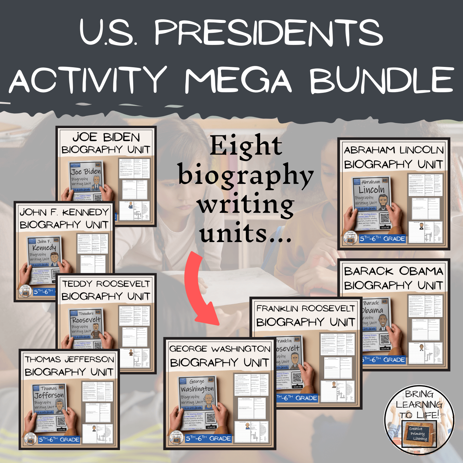U.S. Presidents Social Studies Mega Bundle of Activities | 5th-6th Grade featuring eight biography writing units.