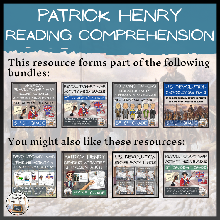 Patrick Henry Close Reading Comprehension Activities | 5th Grade & 6th Grade