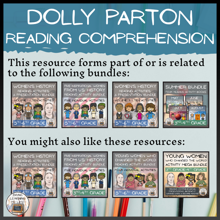 Dolly Parton Reading Comprehension Activities | 5th Grade & 6th Grade