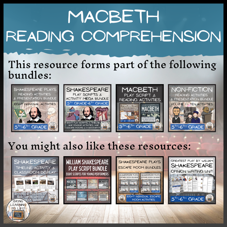 Macbeth Close Reading Comprehension Activities | 5th Grade & 6th Grade