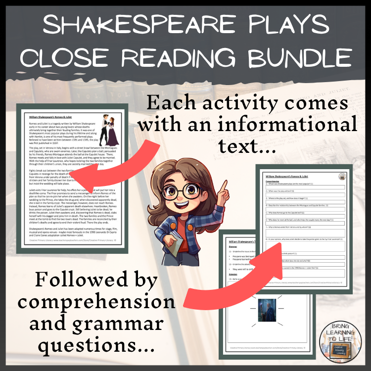 Shakespeare's Plays Close Reading Comprehension Bundle | 5th & 6th Grade