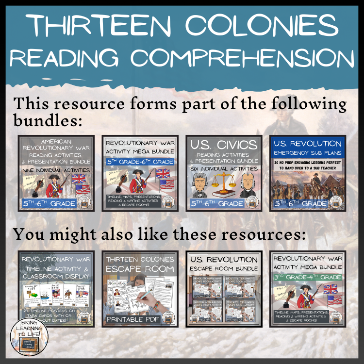 Thirteen Colonies Close Reading Comprehension | 5th Grade & 6th Grade