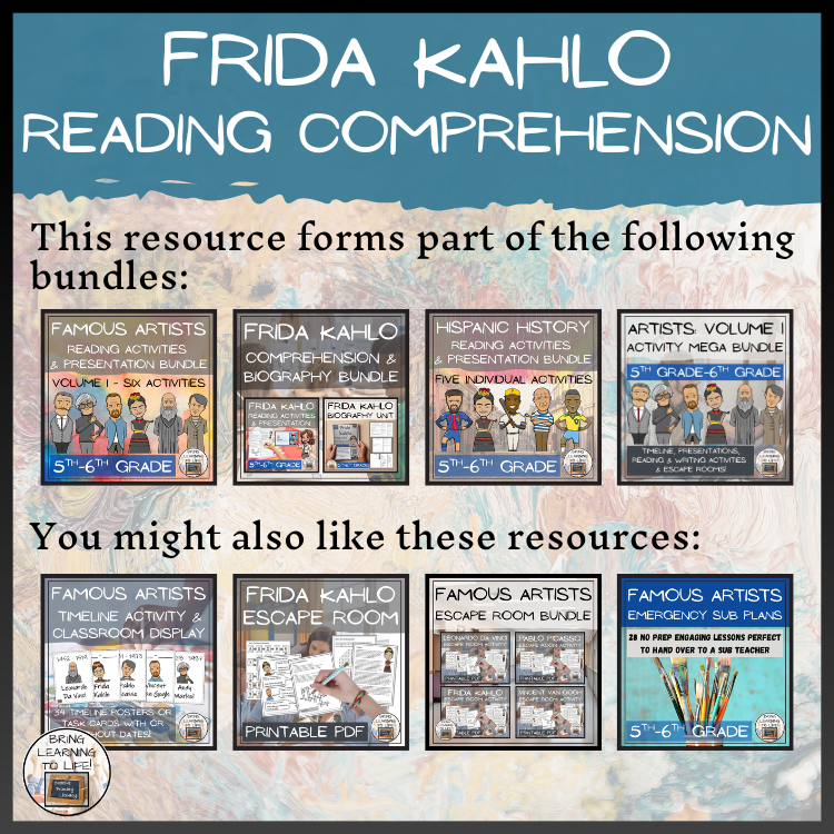 Frida Kahlo Close Reading Comprehension Activity | 5th Grade & 6th Grade