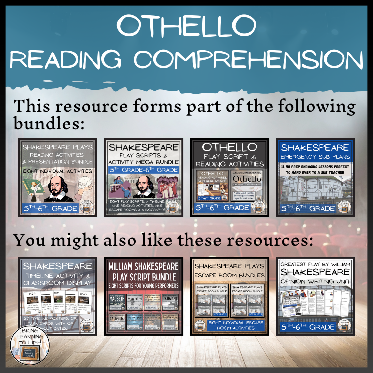 Othello Close Reading Comprehension Activities | 5th Grade & 6th Grade