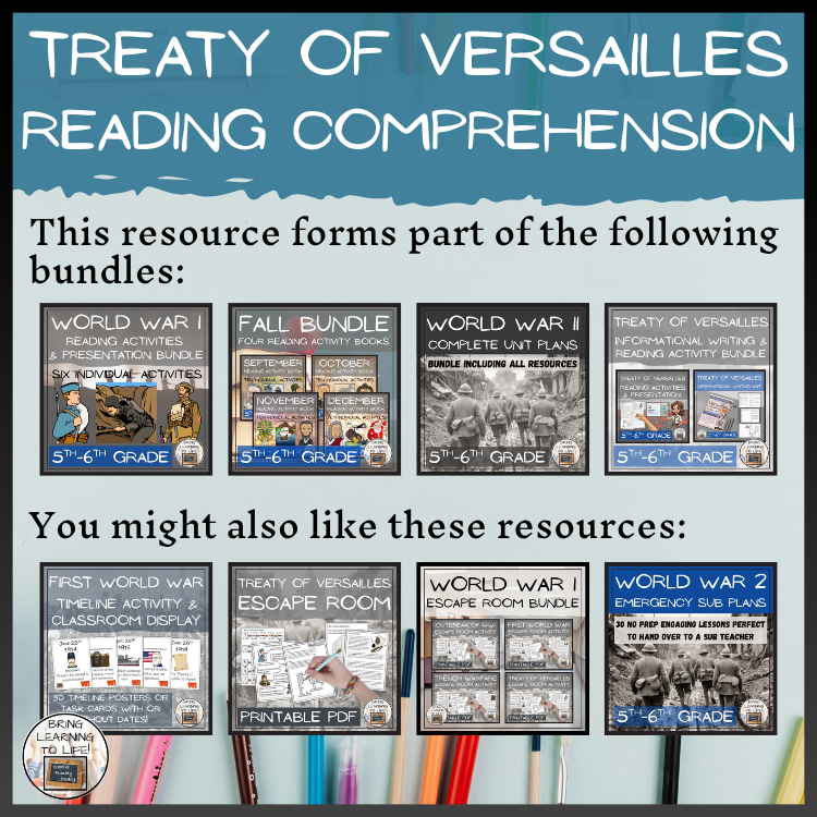 Treaty of Versailles Close Reading Comprehension Activities | 5th & 6th Grade