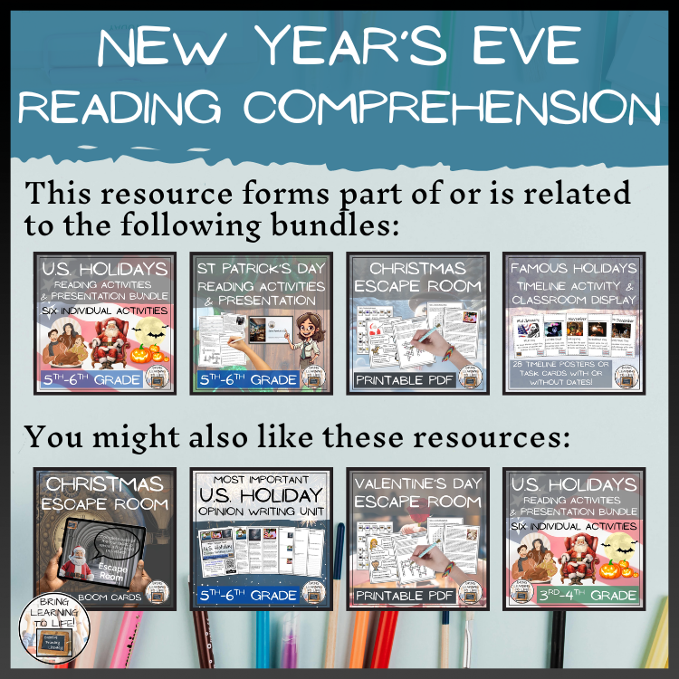 New Year's Eve Reading Comprehension Activities | 5th Grade & 6th Grade