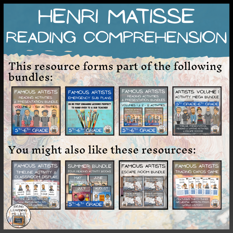Henri Matisse Close Reading Comprehension Activities | 5th Grade & 6th Grade