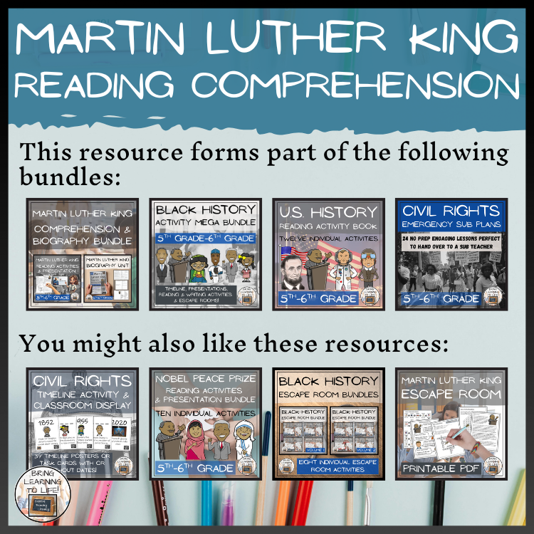 Martin Luther King Close Reading Comprehension Activities | 5th Grade & 6th Grade