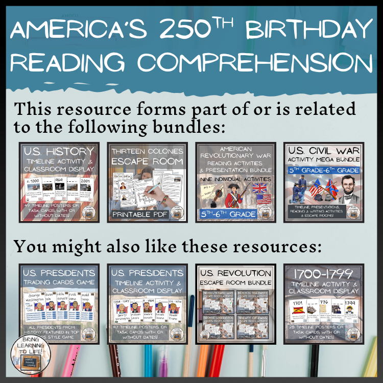 America's 250th Birthday Close Reading Comprehension Activities | 5th–6th Grade